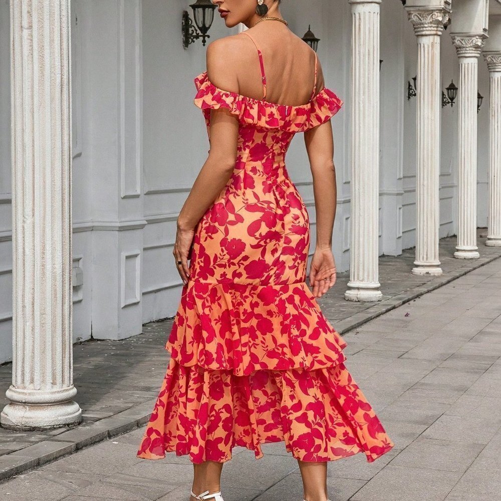Multicolor BohoWomen's Floral Print Off-Shoulder Neckline Ruffle Trim Cami Dress - Picture 2 of 5